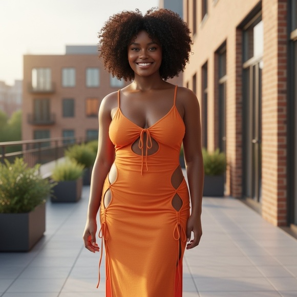 Women's Cut Out Detailed Sleeveless Orange Dress - Picture 1 of 7